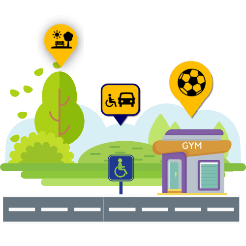 Graphic of a gym, featuring accessible parking spaces and inclusive sport.