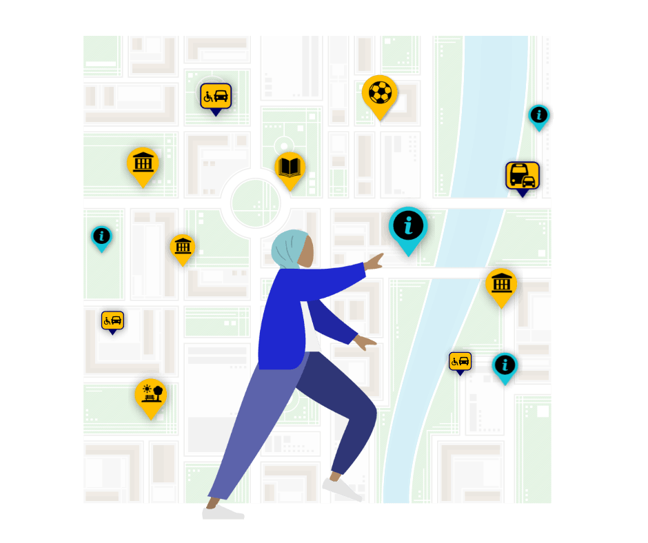 Graphic of a young woman against a backdrop of a city map. On the map are yellow location markers, displaying a range of venues and amenities that include accessible parking spaces, information centres, transportation hubs, libraries and recreation centres.