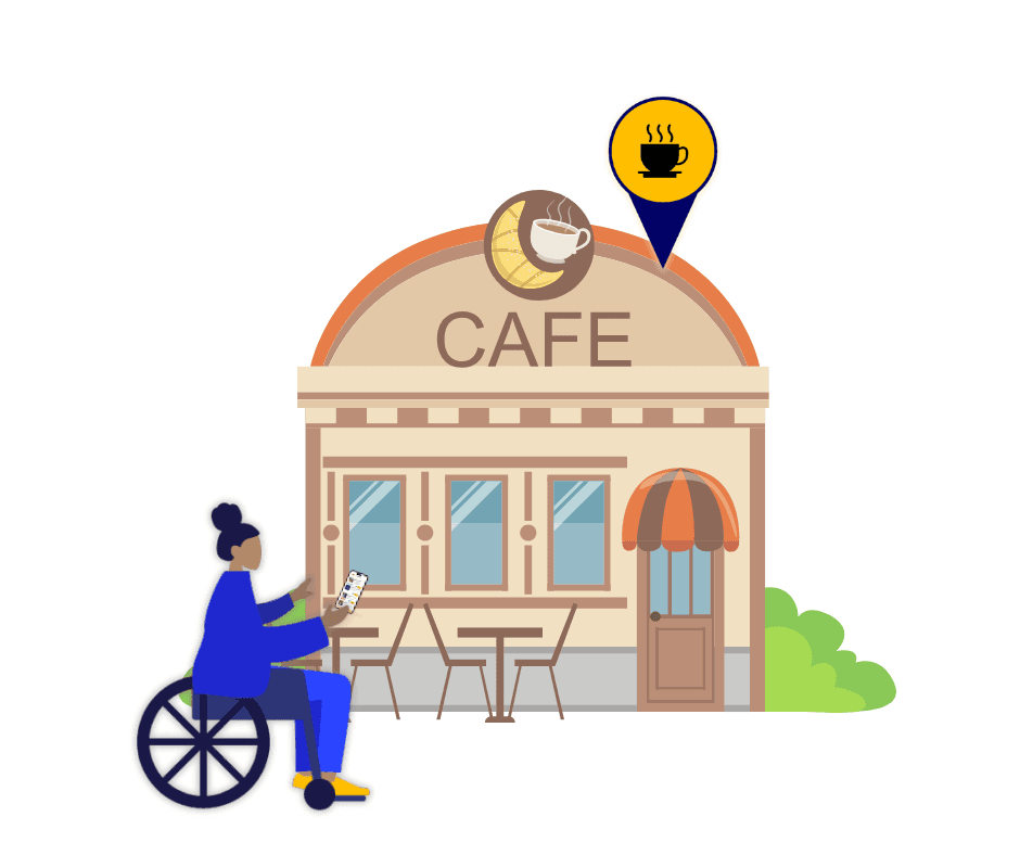 Person in a wheelchare using the app to find a cafe