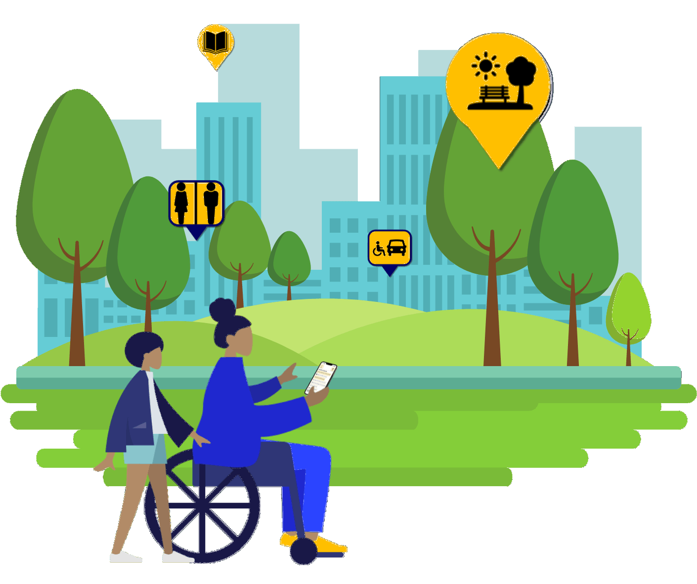 Graphic of a mother and child, navigating a park while viewing an Access Map on a smartphone. The mother uses a wheelchair and holds the phone in her right hand.