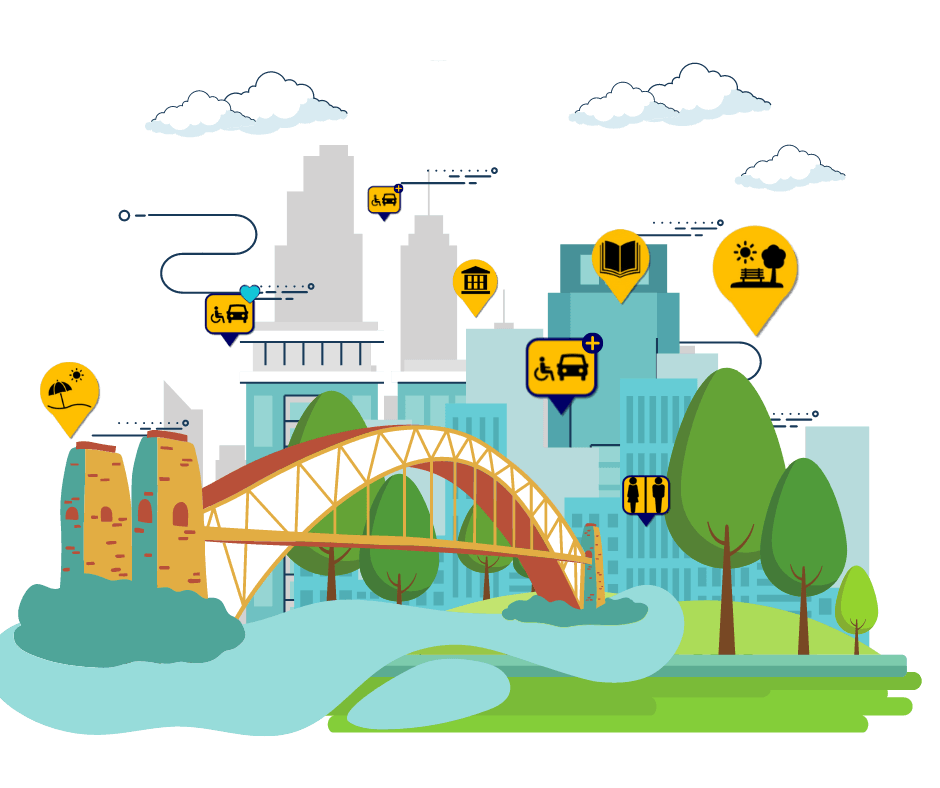 Graphic of a city, featuring a river, park and office towers. Yellow location markers, displaying a range of venues and amenities, are dispersed across this city.